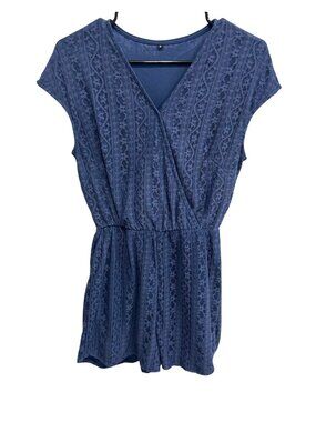 Small Navy Blue Lace Overlay Romper Elastic Waist Cap Sleeves Ethereal Coquette